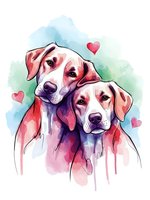 Watercolor painting of two loving dogs with hearts on colorful background for pet lovers and romantic designs.