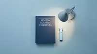 Minimalist study setup with a dark blue hardcover book and pen under a wall lamp on a light blue background, perfect for education concepts.