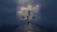 Silhouette of a person standing before towering scales of justice in a misty corridor, symbolizing legal decisions, ethics, and accountability for law, courts, and governance concepts.