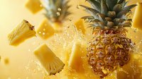Fresh pineapple and juice splashes on yellow background with flying chunks of tropical fruit, dynamic food photography composition for summer drinks.