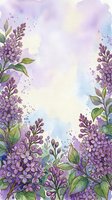 Lilac flowers frame a soft watercolor background with purple and blue washes, creating an isolated botanical border design suitable for invitations, greeting cards, and decorative projects.