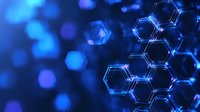 Glowing hexagonal molecular structure on dark background with blue bokeh lights creates futuristic scientific visualization for technology presentations.