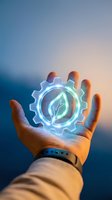 Hand holding glowing gear with leaf symbol representing sustainable technology and eco-friendly innovation for green energy solutions and environmental protection.