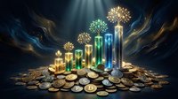 Glowing cryptocurrency growth chart with golden coins and digital currency symbols representing blockchain investment success and financial prosperity.
