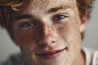 Close-up portrait of smiling young Caucasian man with freckles and curly brown hair showing natural authentic expression for lifestyle content.
