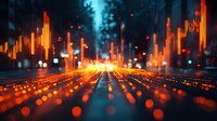 Glowing orange financial chart bars and stock market data visualization on dark city street background with bokeh lights and perspective grid.