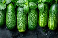 Fresh green cucumbers with water drops and basil leaves arranged in row on dark background, macro food photography for healthy eating concept.