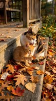 Adult female calico cat and young tabby kitten sitting together on wooden deck surrounded by fallen autumn leaves, with rustic house and garden in background during golden hour.