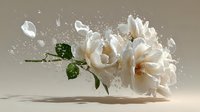 White roses with green leaves exploding in water splash motion against neutral background for romantic wedding floral design concepts.