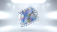 Transparent glass cube with iridescent holographic gradient effect floating in bright studio light, suitable for modern design, packaging mockups, and digital art projects.