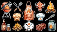 Barbecue and grilling icons collection isolated on transparent background. Includes grill, apron, chef hat, meat, flames, tools, and fire elements. Ready for t-shirt design, clipart, stickers, and print-on-demand products.