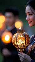 Young Asian woman in traditional dress holding illuminated ornate lantern with glowing bokeh lights in background, creating magical evening atmosphere.