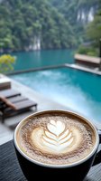 Latte art coffee cup with heart design on luxury resort pool deck overlooking tropical lake and lush green mountains for vacation relaxation concept.