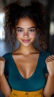 Young mixed race woman with natural curly hair and freckles wearing teal v-neck top and yellow pants smiling at camera in soft natural lighting.