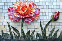 Stained glass mosaic style peony flower in coral and pink hues with green stems and leaves against light blue tiled background, artistic floral illustration.