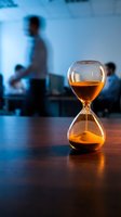 Glass hourglass with orange sand on wooden desk in blurred office environment symbolizing time management and business deadlines for corporate productivity.