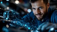 Bearded Caucasian man in blue jacket smiling with magical glowing blue particles and bokeh light effects creating dreamy atmospheric night portrait.