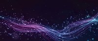 Abstract flowing waves with glowing particles on dark cosmic background for digital design and technology presentations.