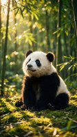 Giant panda sitting in lush bamboo forest with dappled sunlight filtering through canopy, surrounded by green vegetation and moss-covered ground.