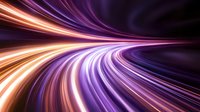 Abstract light trails in orange and purple colors create dynamic motion effect on dark background, curved lines suggest speed and technology advancement.