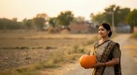 Woman farmer holding pumpkin in rural agricultural field during harvest season, wearing traditional clothing, standing outdoors in countryside landscape.