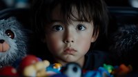 Young Asian boy with innocent expression surrounded by colorful plush toys and stuffed animals in dark setting, capturing childhood wonder and imagination.
