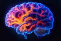 Glowing human brain visualization with vibrant orange and blue neon colors against dark background shows detailed neural pathways and anatomical structure.