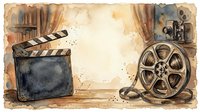 Vintage film production clapper board and movie reel with filmstrip on aged paper background, suitable for cinema, entertainment, and media design projects.
