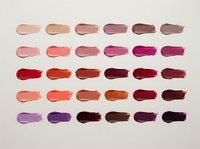 Colorful lipstick swatches palette showing various shades from nude to bold colors arranged in rows for makeup and beauty applications.