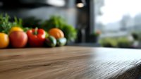 Fresh vegetables and fruits blurred in background with empty wooden table surface in foreground, selective focus on textured wood grain for food photography and presentation.