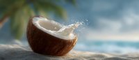Fresh coconut half with splashing milk on sandy beach against blurred tropical ocean and palm tree background, natural organic food concept.