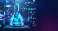Futuristic laboratory flask with glowing blue liquid surrounded by hexagonal molecular structures and digital data visualization on dark background.