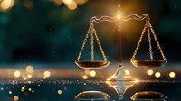 Golden scales of justice with ornate details reflecting on glossy surface against dark background with glowing bokeh lights, symbolizing law and legal balance.