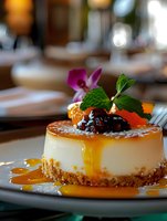 Creamy cheesecake with caramel sauce, fresh mint leaves, and berry compote garnished with edible flowers on white plate. Restaurant dessert with blurred background.