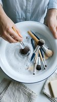 Person washing makeup brushes in white bowl with soapy water, cleaning beauty tools and cosmetic equipment for hygiene and maintenance at home.