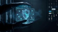 Hands holding glowing digital shield with security icons and data protection symbols in dark tech environment for cybersecurity concepts.