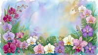 Watercolor floral border with pink, purple, and white orchids, tropical leaves, soft pastel background, copy space for text or design.