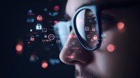 Young Asian male professional wearing glasses with digital security icons and symbols floating around, representing cybersecurity and data protection in dark setting.