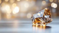 Sparkling amber crystal on reflective surface with soft bokeh background creates elegant luxury atmosphere for jewelry and precious stone presentations.