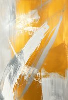 Abstract brushstrokes in yellow, white and gray create dynamic movement and energy on canvas, featuring bold gestural marks and textured paint application.