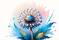 Artistic dandelion illustration with vibrant turquoise and coral watercolor splashes, perfect for nature-themed designs and spring season projects.