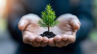 Young green spruce seedling growing in soil on cupped palms against blurred background, representing environmental care, sustainability and new beginnings.