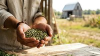 Farmer holding harvested seeds in hands with rural field and barn in background, agricultural production.