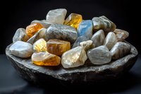 Colorful healing crystals and mineral stones in rough natural form arranged in dark stone bowl against black background, spiritual wellness concept.