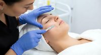 Professional cosmetologist performing facial injection treatment on female client in modern medical spa clinic for anti-aging skincare procedure.