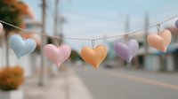 Colorful paper heart garland hanging on string with soft bokeh background creates romantic atmosphere for wedding or Valentine celebration.