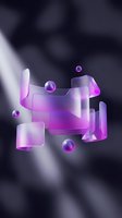 Abstract purple gradient geometric shapes floating in space with spheres and translucent elements for modern digital design and technology concepts.