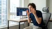Young man with curly dark hair and light skin tone, wearing dark navy shirt, sitting at desk in modern office with city view, talking on phone while looking at computer monitor displaying data charts and analytics dashboard.