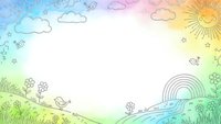 Hand-drawn nature landscape frame with sun, clouds, rainbow, flowers and birds on pastel gradient background for children book illustration and design.