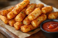 Crispy potato croquettes served on wooden board with red dipping sauce, garnished with fresh herbs, close-up view of golden brown appetizers.